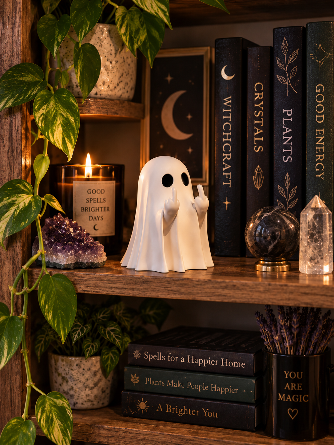 Middle finger ghost statue styled on a witchy bookshelf with plants, crystals, and books