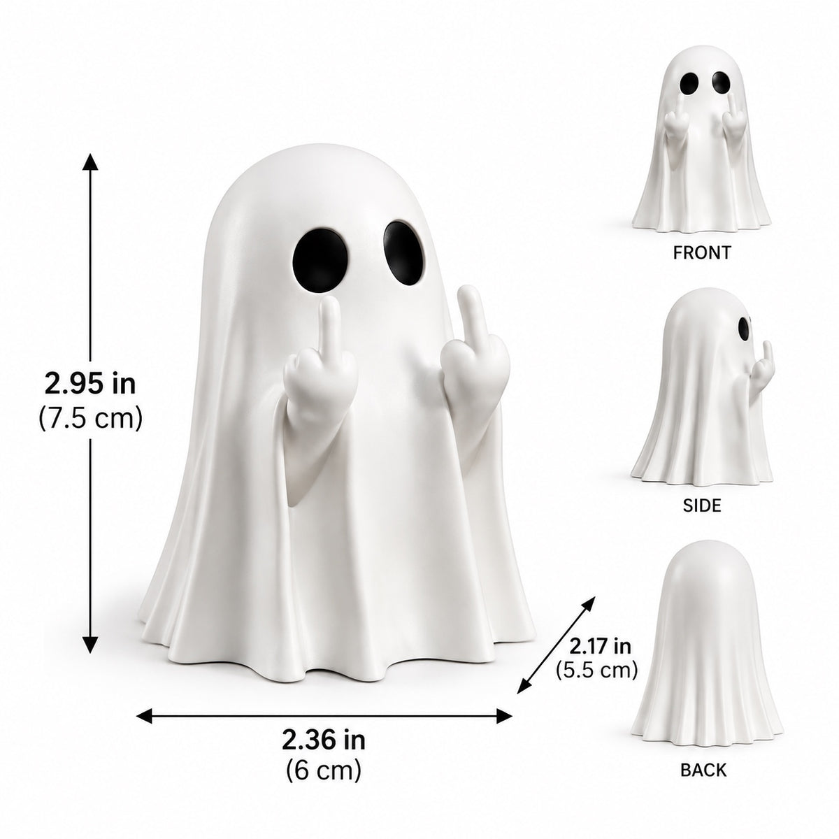 Sassy middle finger ghost statue dimensions: 2.95 inches tall, 2.36 inches wide, and 2.17 inches deep