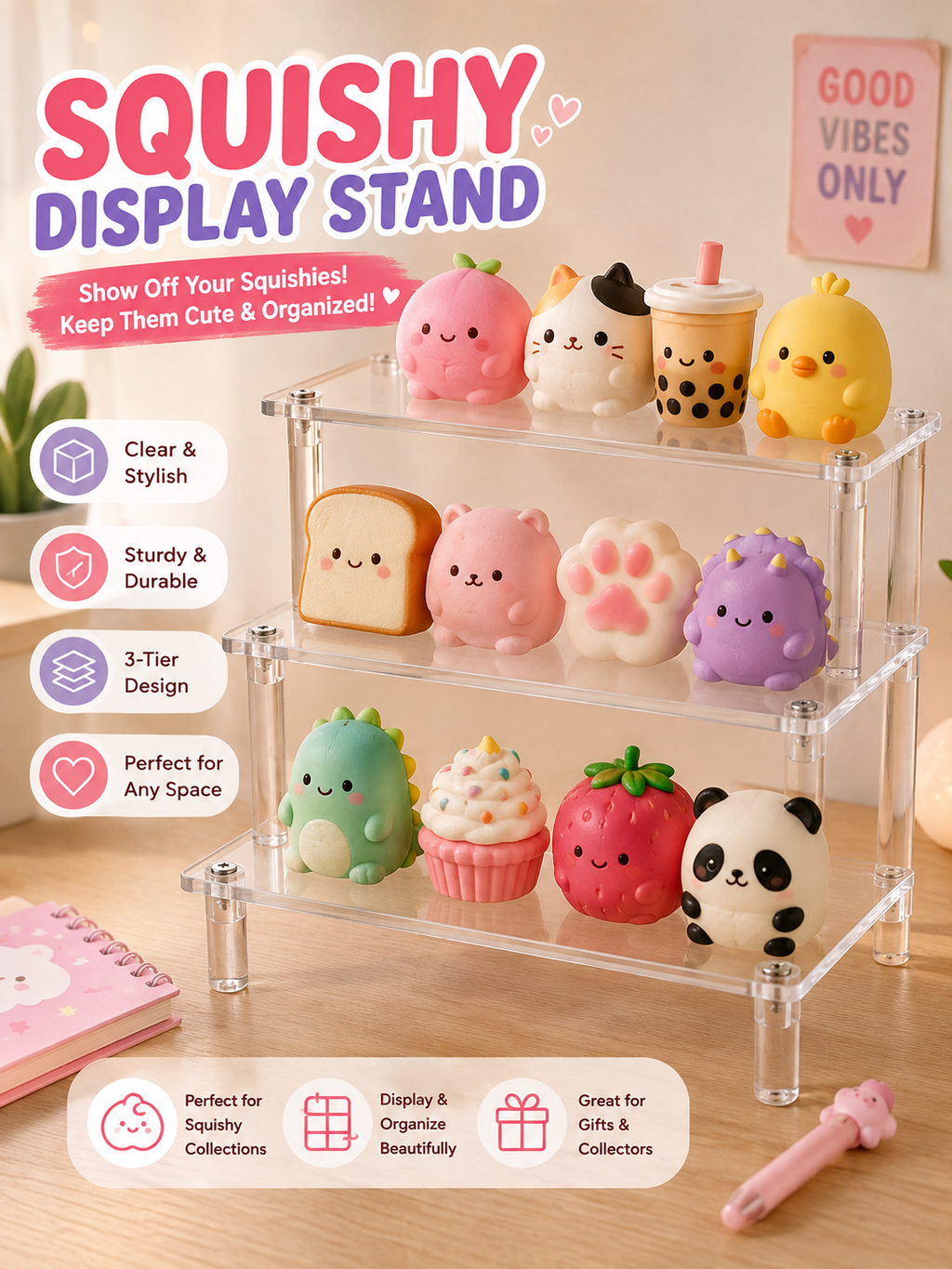 Clear acrylic tiered squishy display stand with colorful squishies
